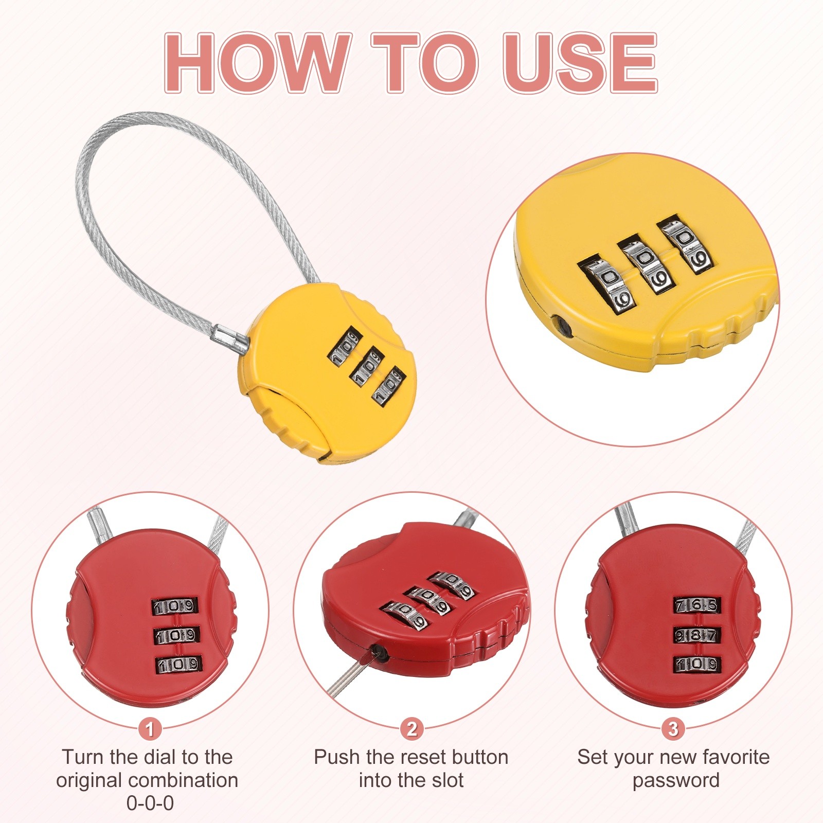 3-Pack Combination Locker Lock, 3 Digit Padlock for Gym/Luggage [Yellow]