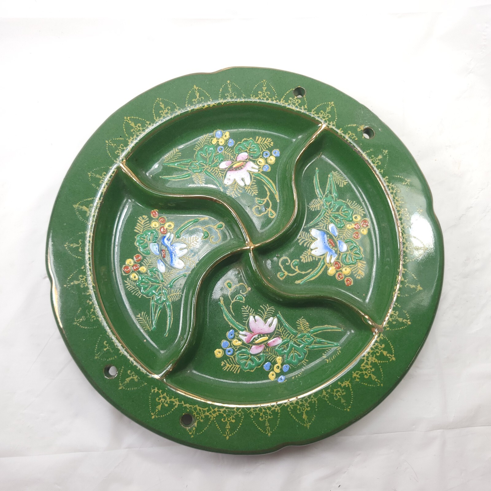 Hand Painted Japan Vintage Trinket Divided Tray Ceramic Floral Design Green