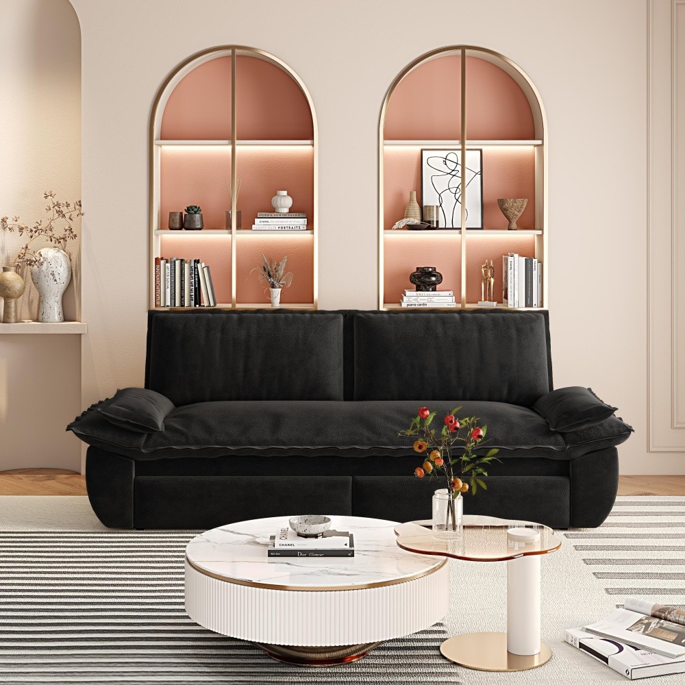 Queen Sofa Bed Pull Out Sleeper 3-in-1 Convertible Velvet Loveseat Black