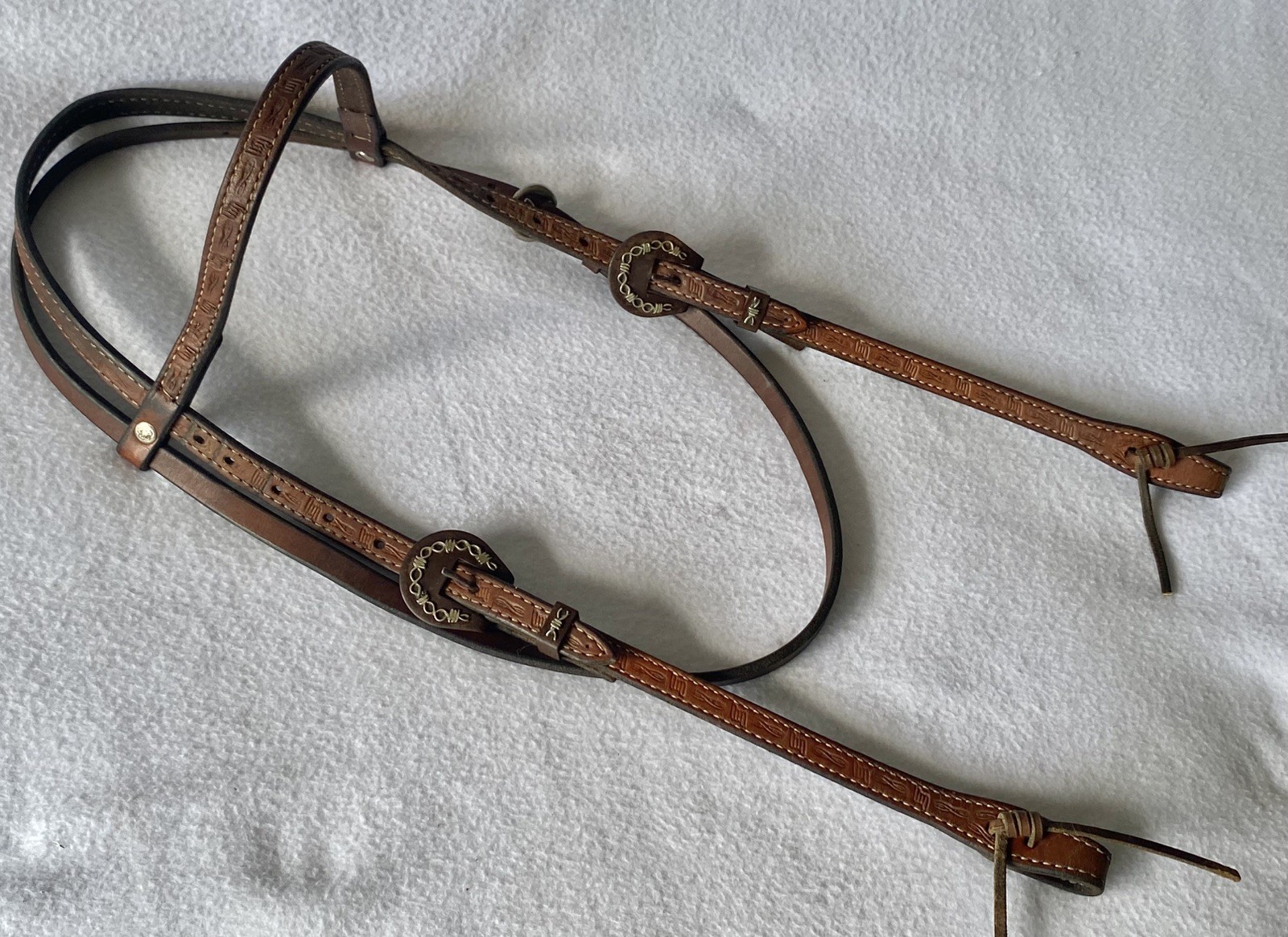 BARBWIRE Tooled HEADSTALL W/ Matching Silver Iron Buckles~AVERAGE to LARGE Horse