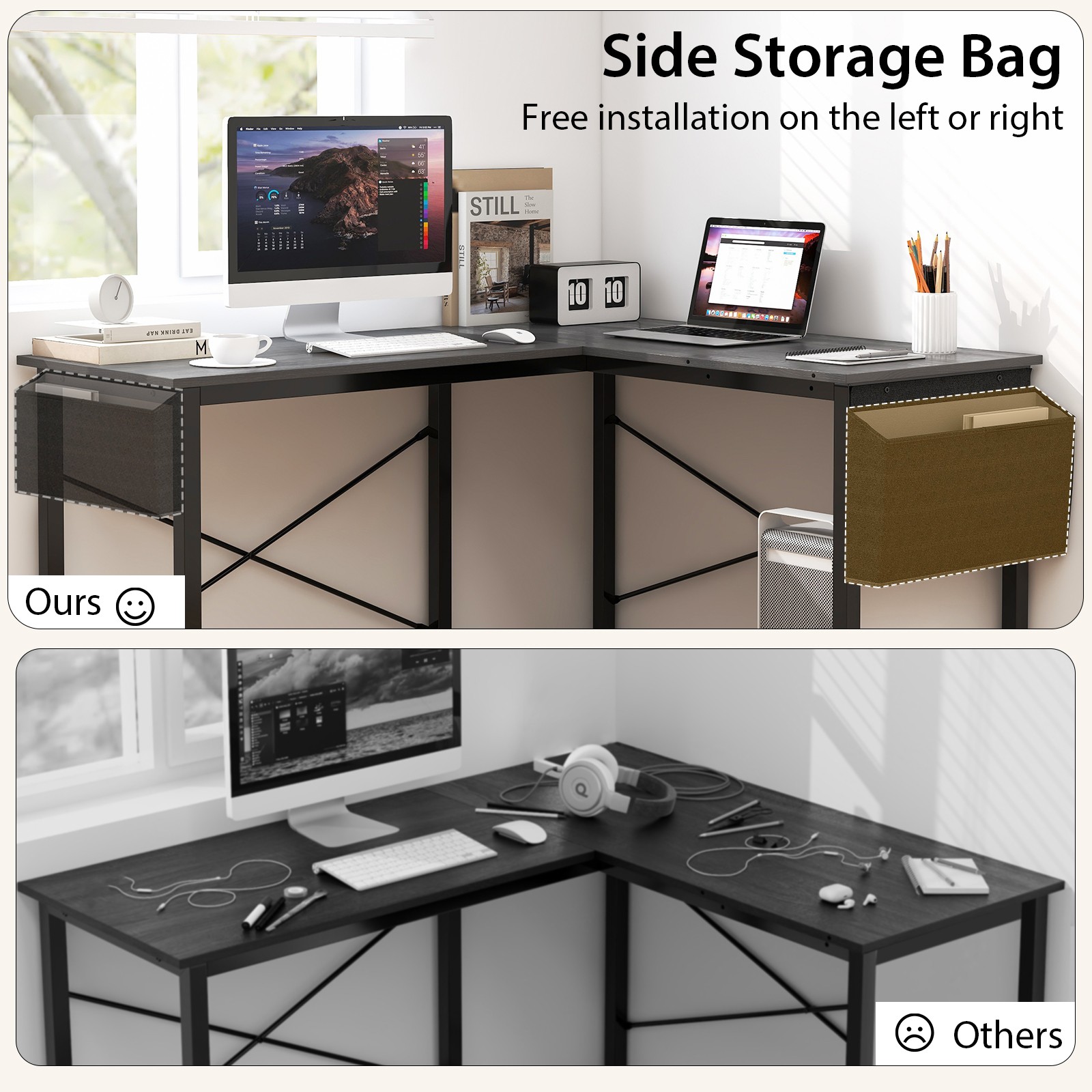 L-shaped Office Desk Corner Gaming Table w/ Storage Pocket & CPU Stand Dark Gray