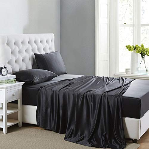 Lanest Housing Silk Satin Sheets Size Satin Bed Sheet Set with Twin XL Black
