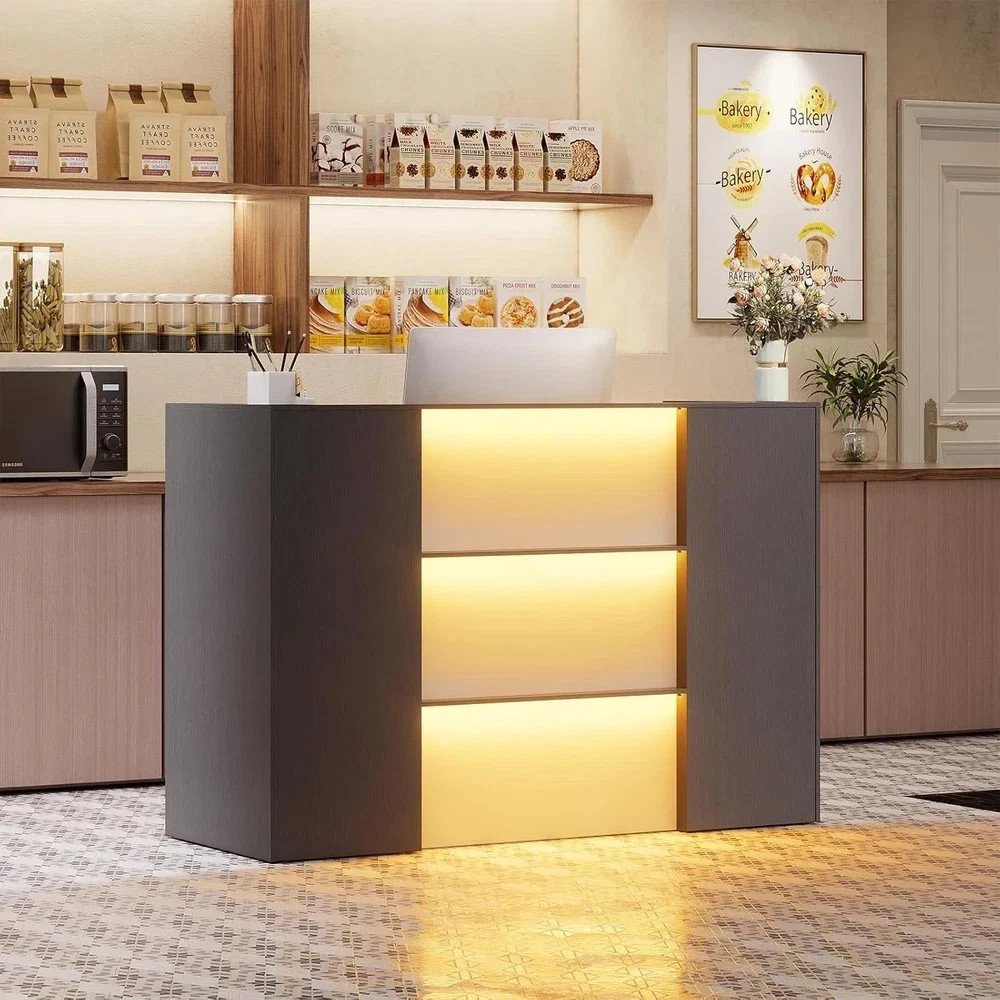 Modern Reception Desk with LED Lights 63 Inches Front Counter Table with Drawer
