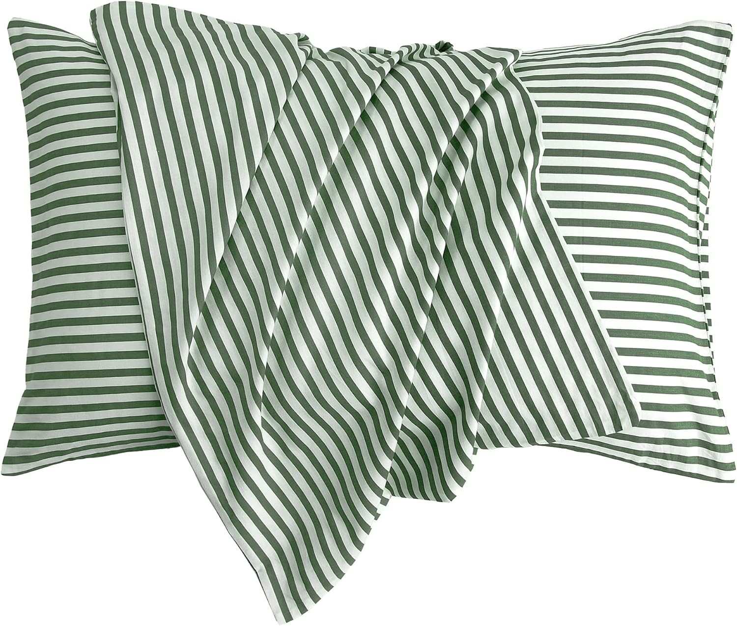 100% Natural Cotton Striped Standard Pillowcases Set 2 Pack White & Green