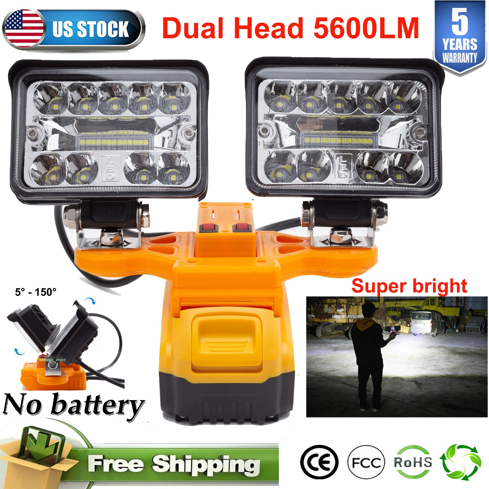 LED Work Light floodlight  2Head For Dewalt 20V XR 60V Li-Ion Battery US