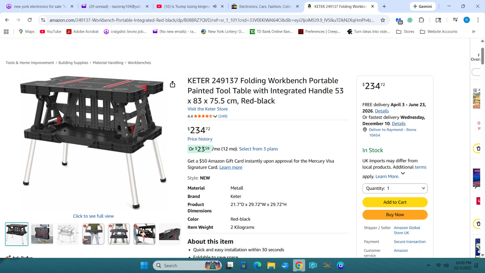 Keter Folding Work Table, Portable Workbench W/ 12" Clamps for Garage/Wood Shop