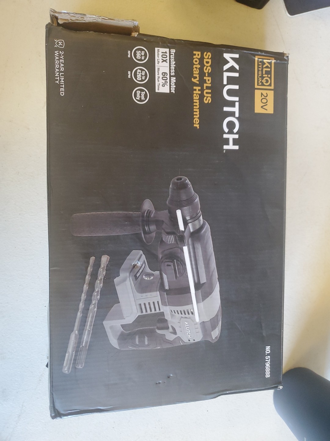 Klutch SDS-PLUS Rotary Hammer, KLiQ 20 Volt Brushless, Tool Only
