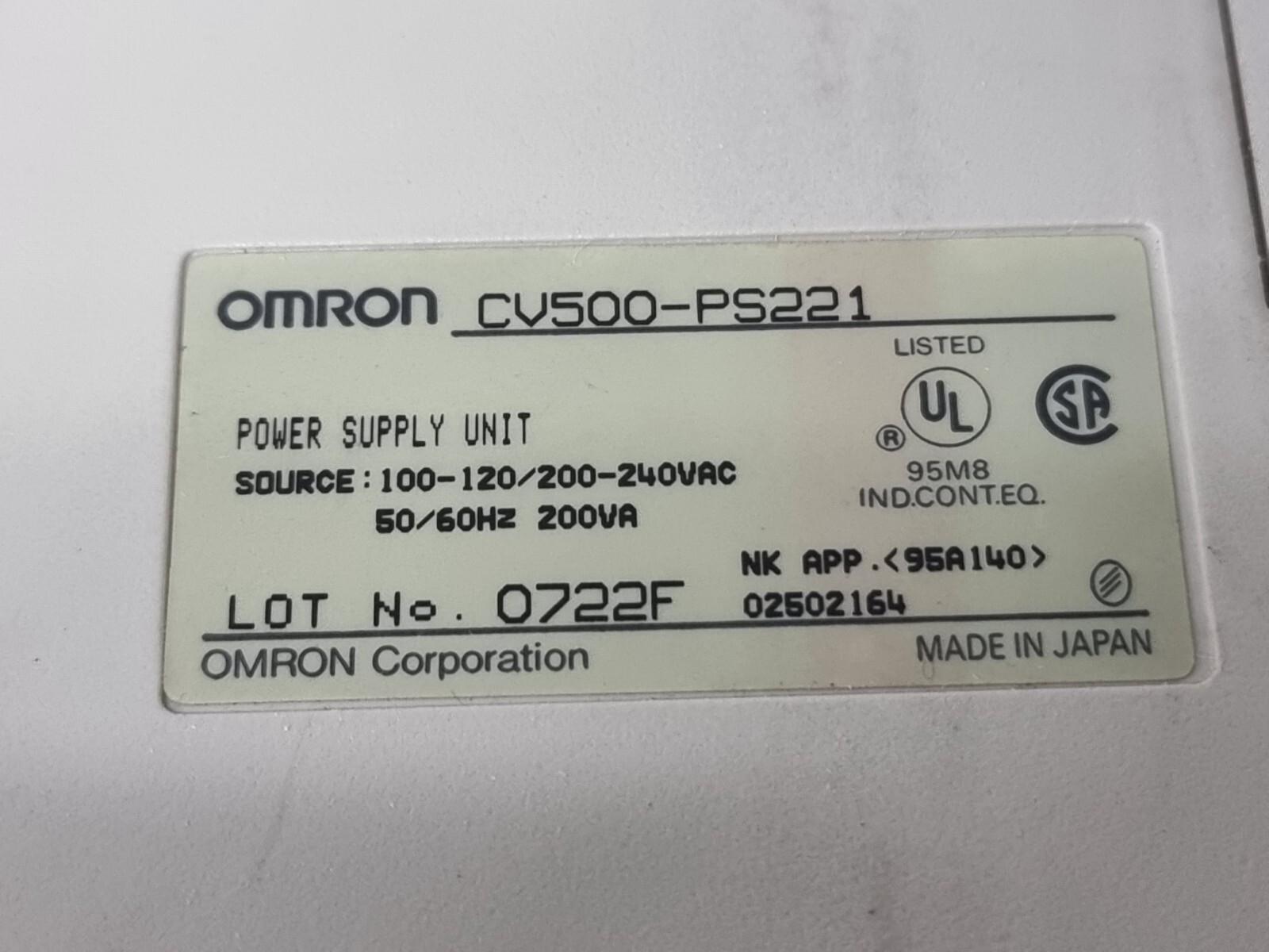 Omron CV500-PS221 POWER SUPPLY UNIT PS221 COVER MISSING