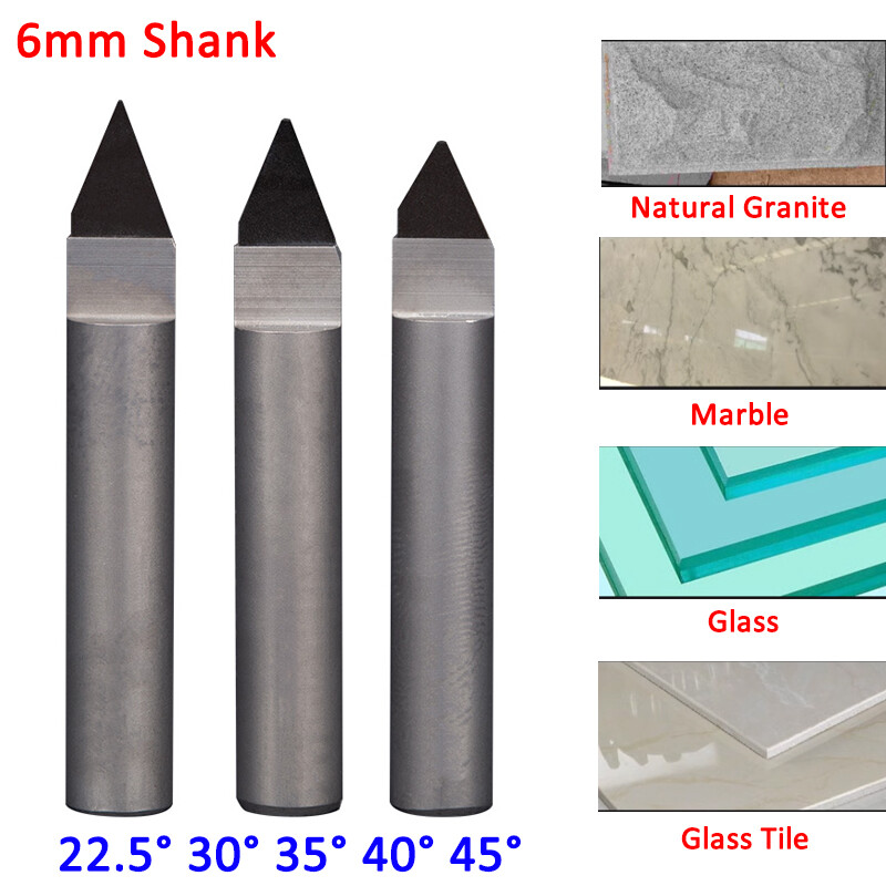 PCD V Cut Engraving Cutter Bits 6mm Shank - For Diamond Marble Stone 22.5° - 45°