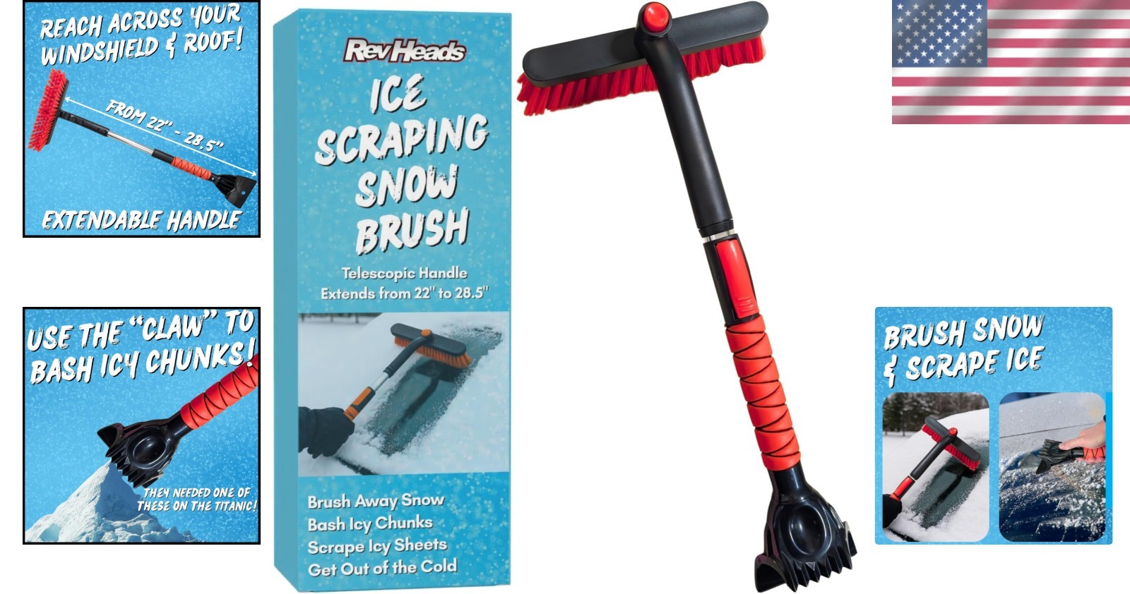 28" Extended Telescopic Ice Scraper - Brush, Chisel & Claw for Easy Ice Removal