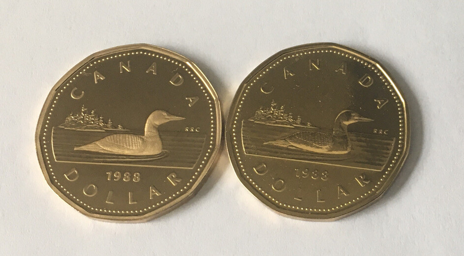 TWO LOONS. $1 Dollar Canada 1988  PROOF and SPECIMEN From RCM Sets