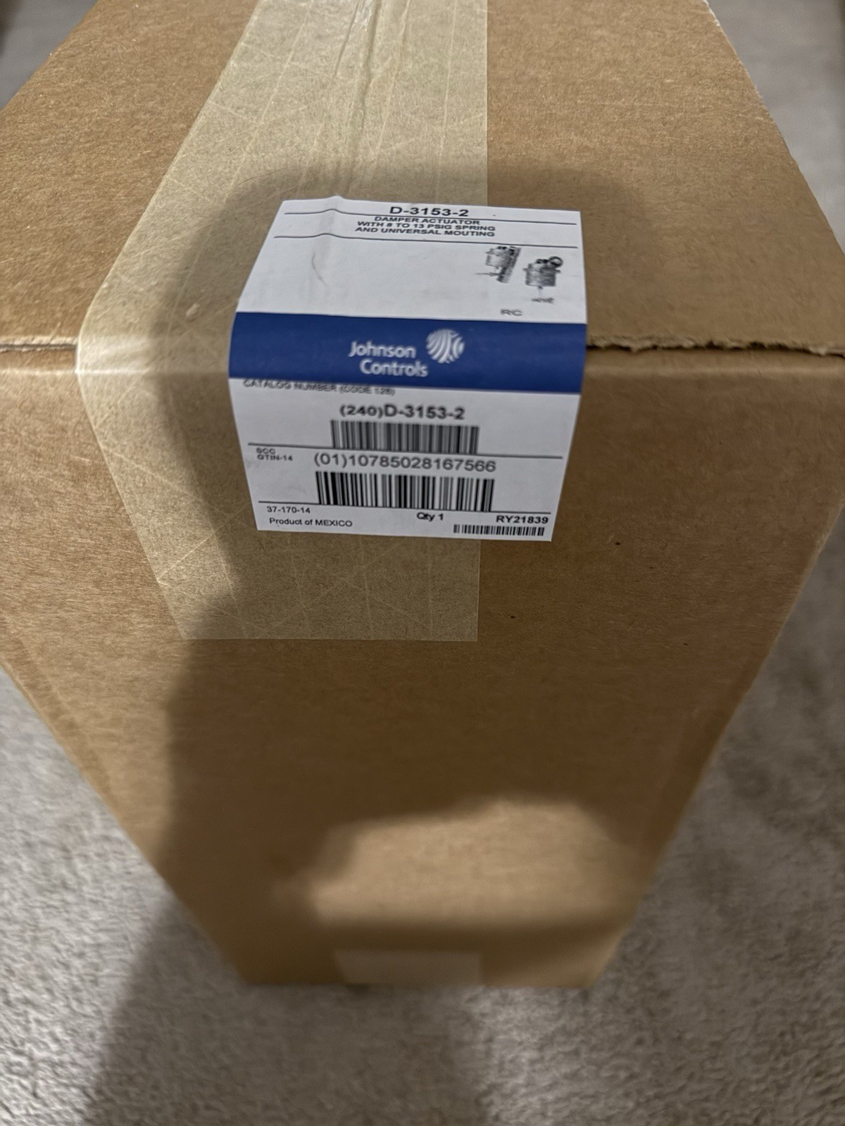 Johnson Controls Pneumatic Damper Actuator: Linear, 8 psi to 13 psi Spring Range