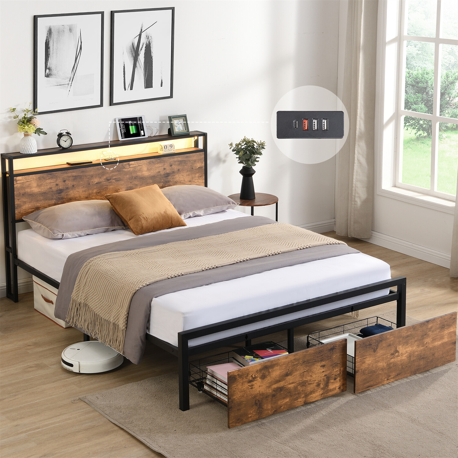Queen Size Bed Frame with Storage Headboard & 2 Drawer Metal Platform Bed New