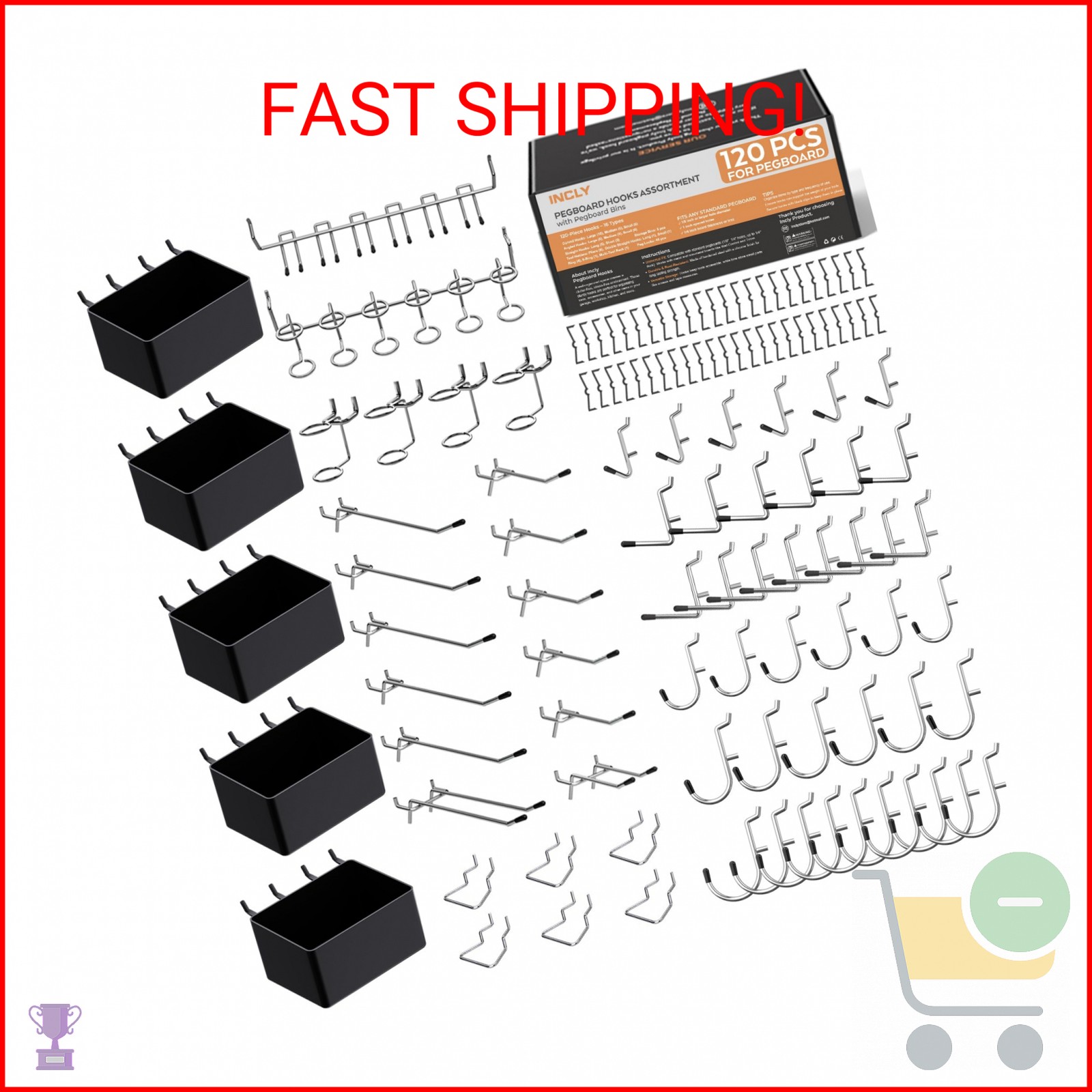 INCLY 120PCS Pegboard Accessories Organizer Kit, Peg Board Hooks Assortment with