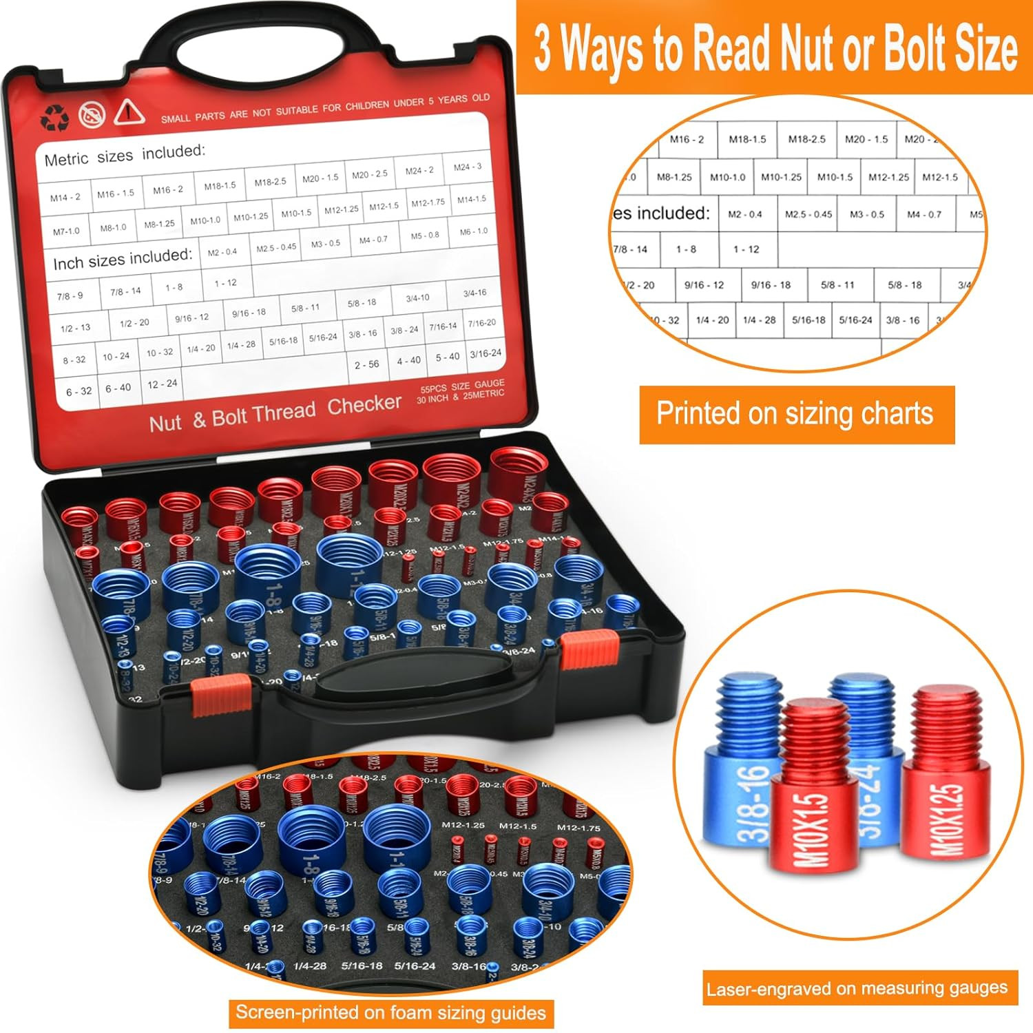 55PCS Nut & Bolt Thread Checker Metric SAE Thread Gauge Set Size Finder