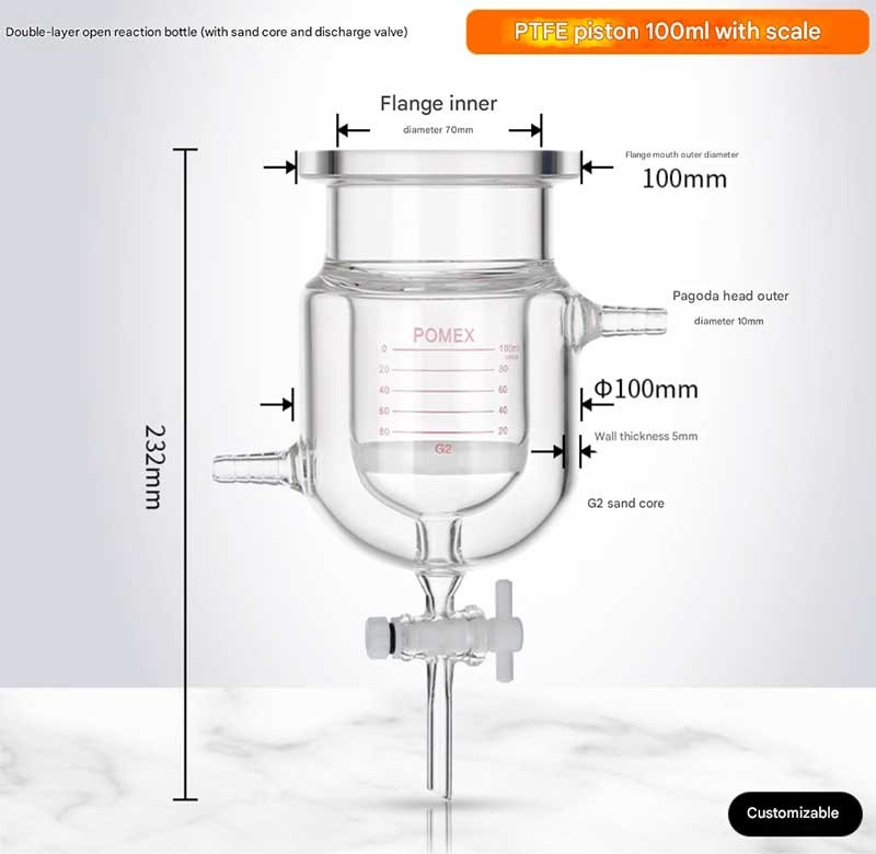 100ml Double-Layer Glass Reactor with G2 Sand Core Filter Lab Flask