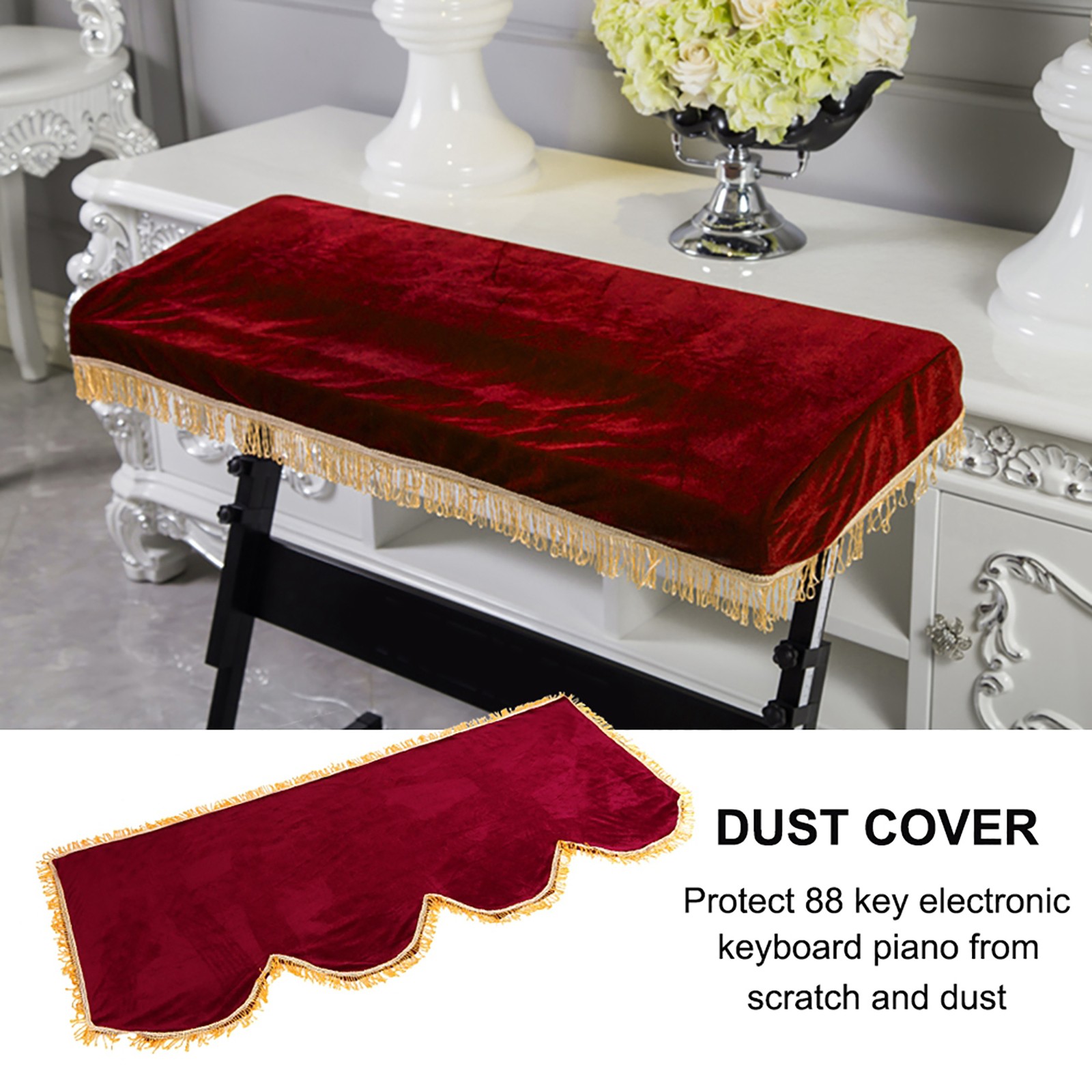 (Burgundy 88Key)Pleuche Anti Dust Decorated Keyboard Cover For 61/88 Key Y