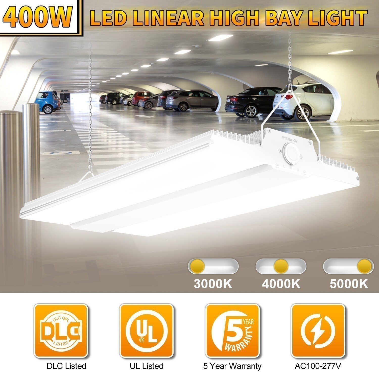 LED Linear High Bay Light 400W 3000K/4000K/5000K Adjustable Warehouse Lighting