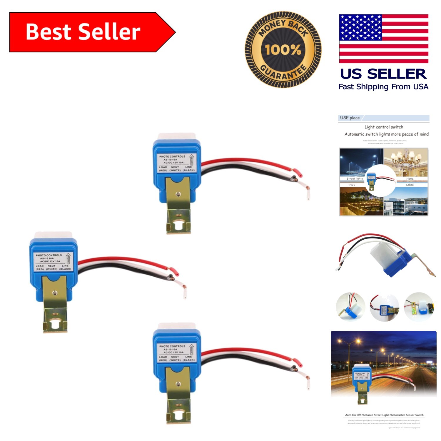 3-Piece 12V 10A Dusk Sensor Switch Set for Automatic Night Lighting Solutions