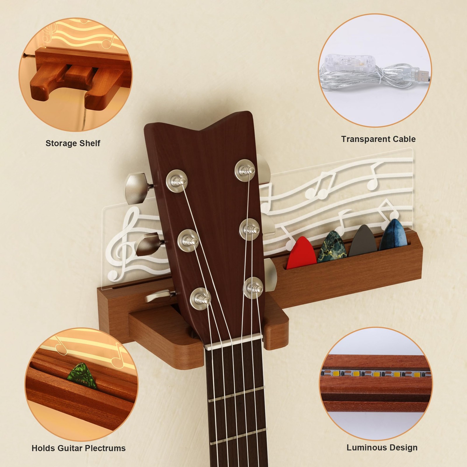 Guitar Wall Mount Stand with LED Lights - Solid Wood & Acrylic USB-Powered Gu...