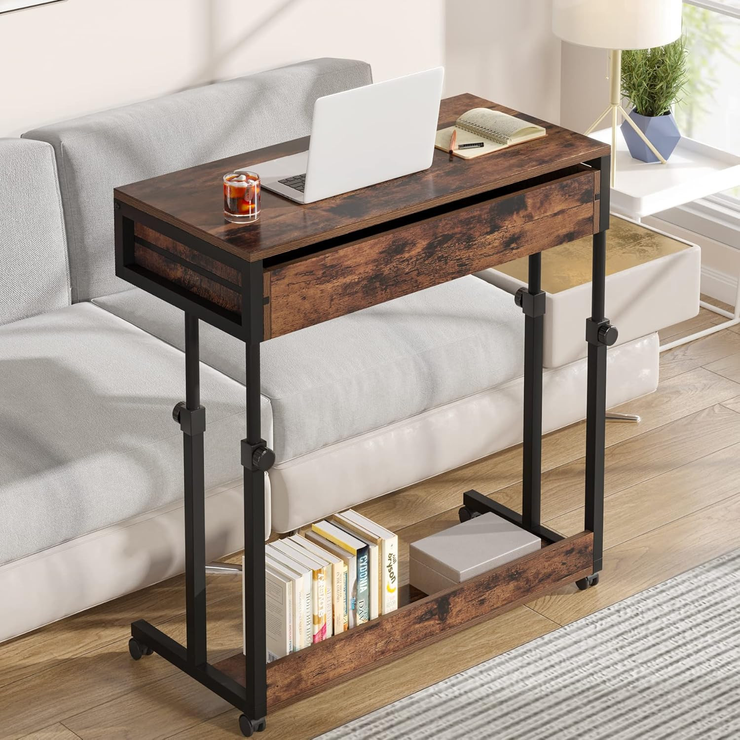 Portable Desk with Drawers, Mobile Laptop Desk with Wheels, Sofa Side Table Smal