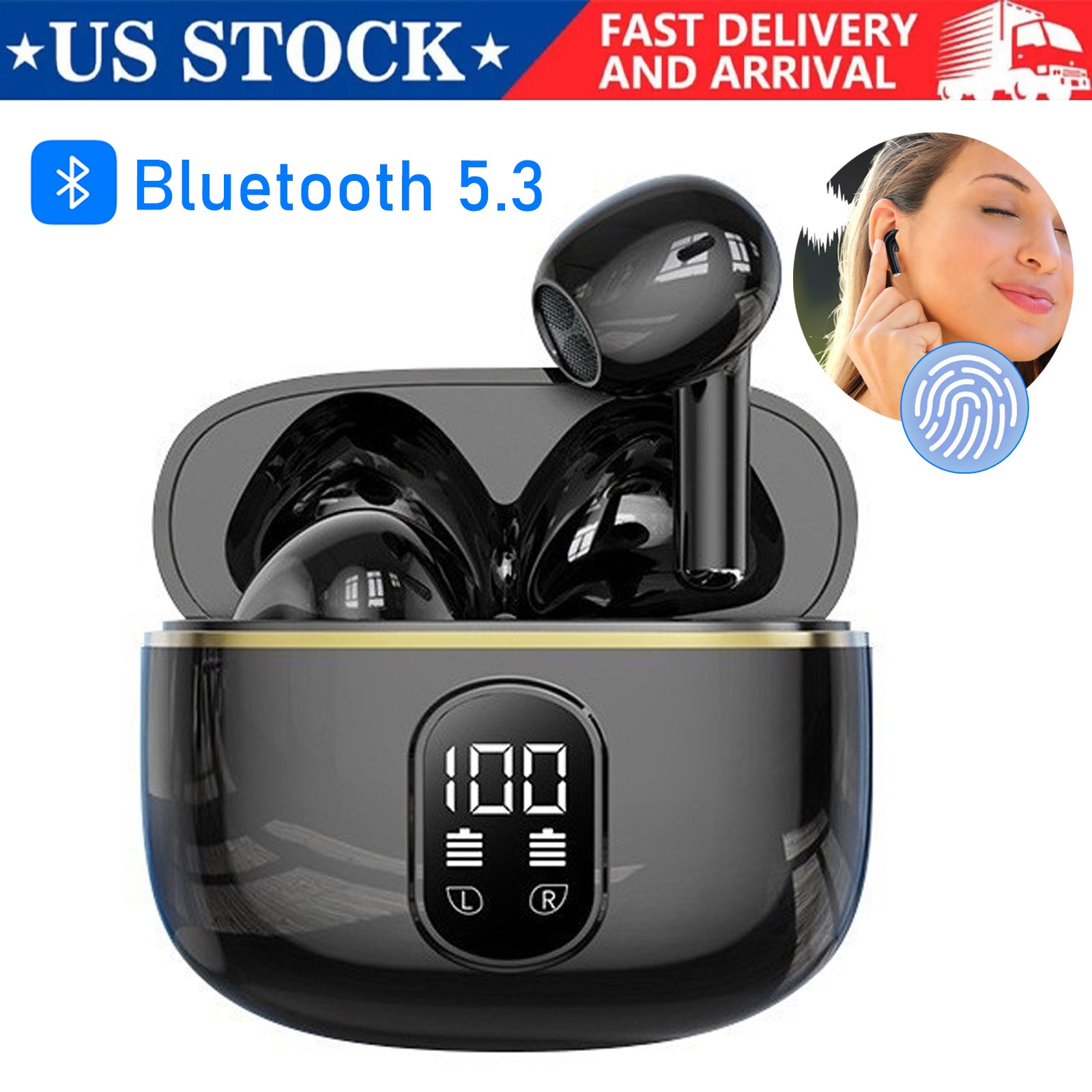 Bluetooth 5.3 Wireless Earbuds LED Display HiFi Sound IPX5 Waterproof Type-C