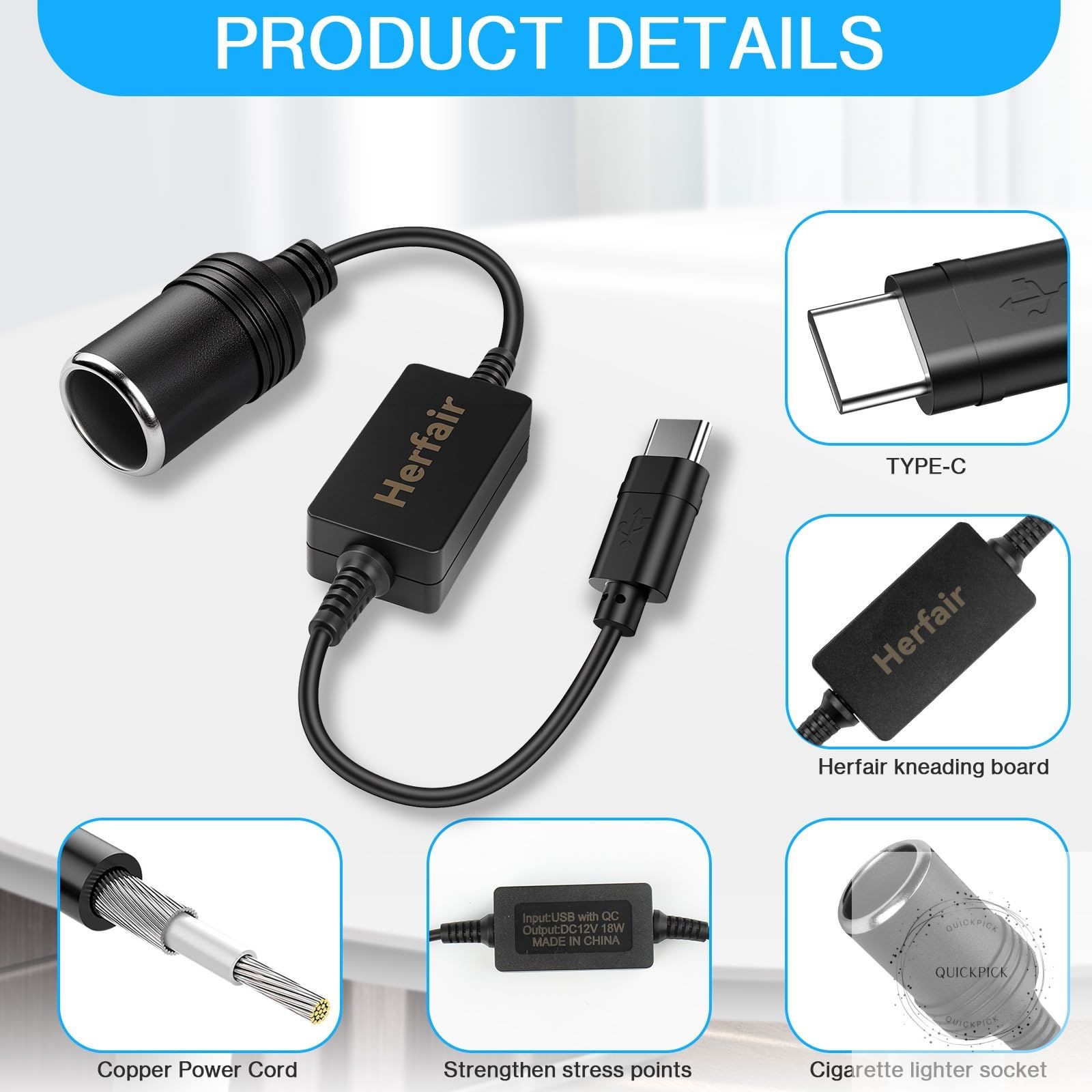 USB C Male to 12V Car Cigarette Lighter Socket Female Converter Adapter Power Ca