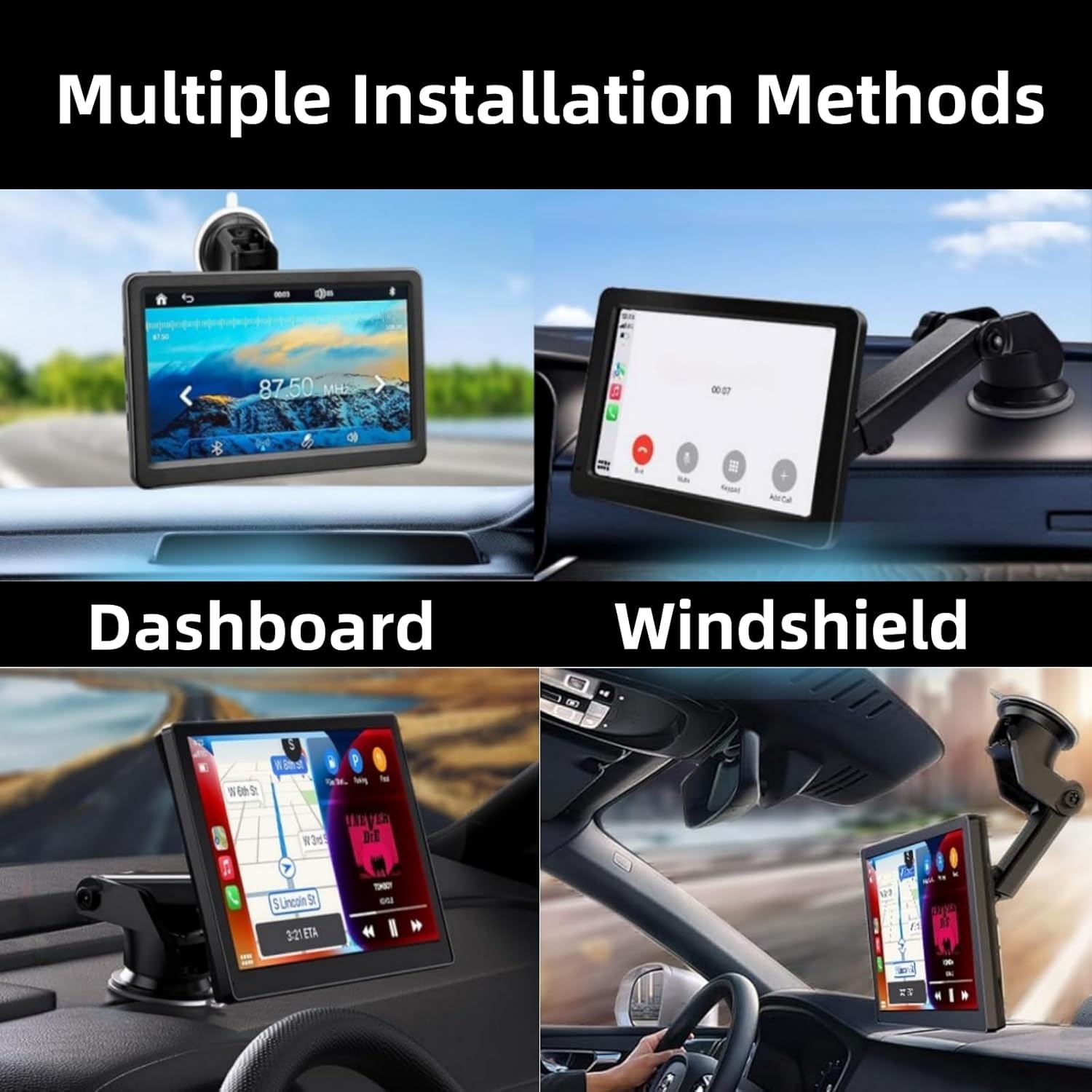Carplay Mount, 360° Flexible Windshield Dashboard Holes Bracket, Black