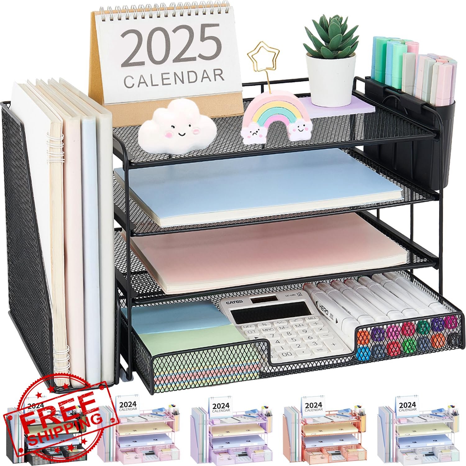OPNICE Desk Organizer Black 4-Tier File Sorter with Drawer Pen Holders