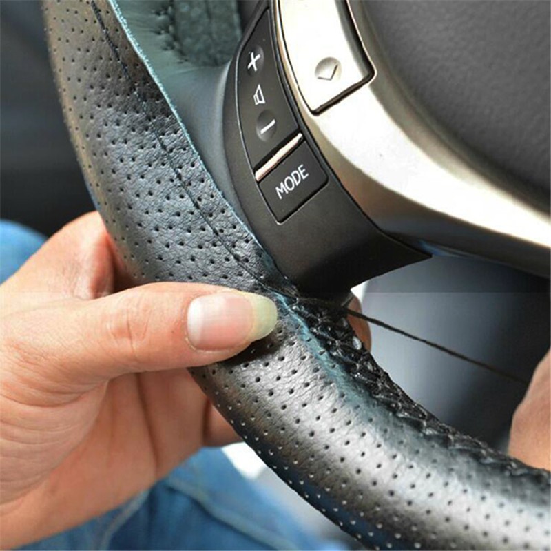 Black DIY PU Leather Steering Wheel Cover Needle Thread Auto Accessories 15"