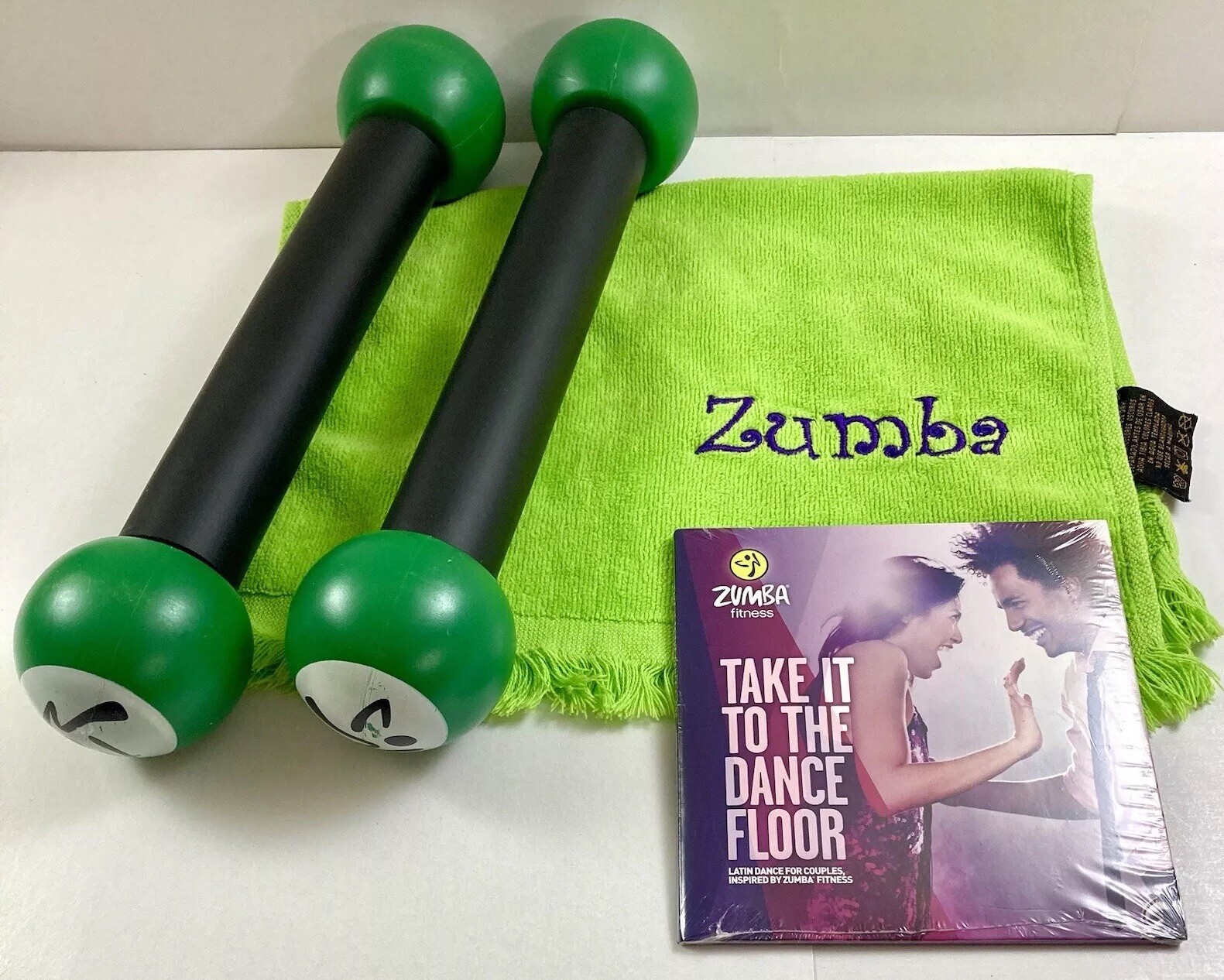 ZUMBA 2 1lb Hand Shaker Weights, Green Zumba Hand Towel & New Latin Dance CD Lot