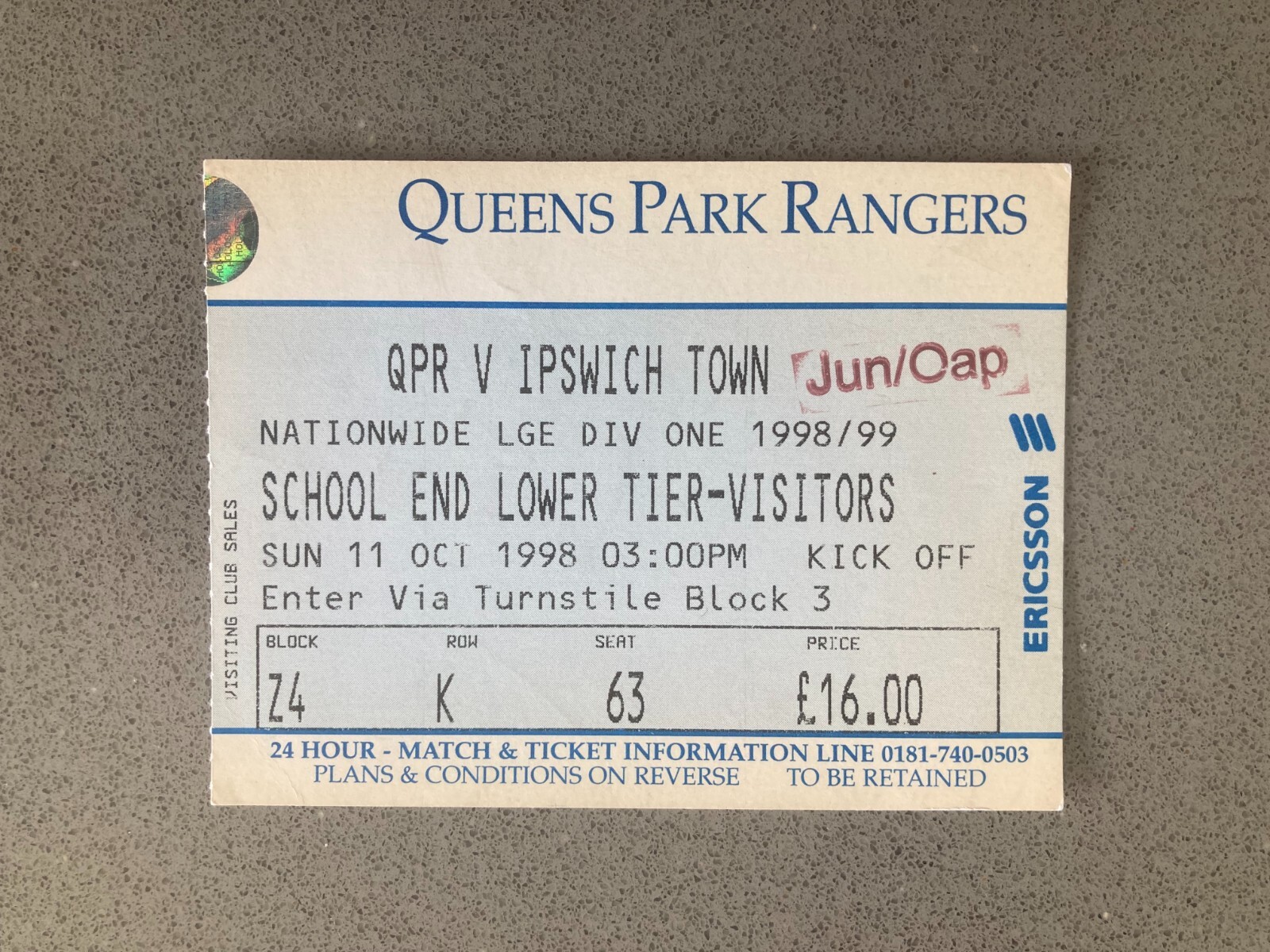Queens Park Rangers v Ipswich Town 1998-99 Match Ticket