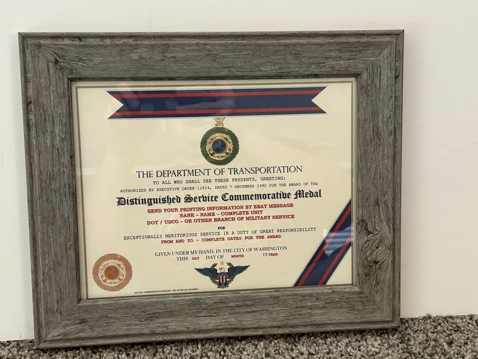 D.O.T. DISTINGUISHED SERVICE COMMEMORATIVE MEDAL CERTIFICATE ~ W/PRINTING T-1