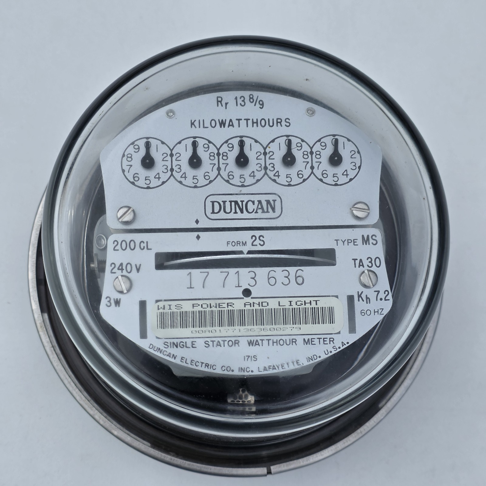 Duncan Type MS Form 2S Watthour Meter CL200 240V 3W TA30 Kh7.2 60Hz USA