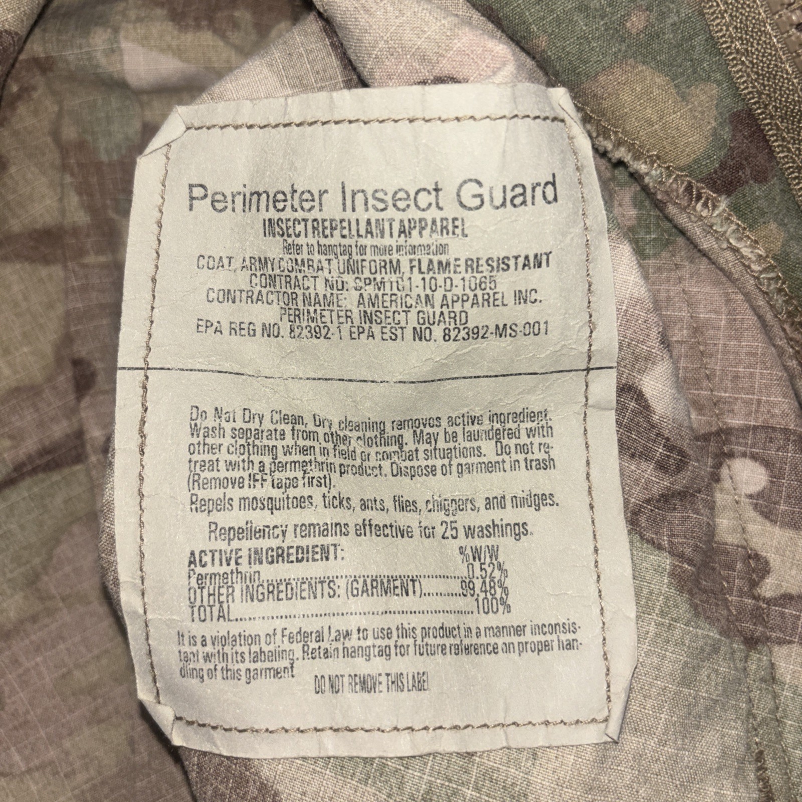 Army Combat Coat Size Medium Long Flame Resistant Perimeter Insect Guard