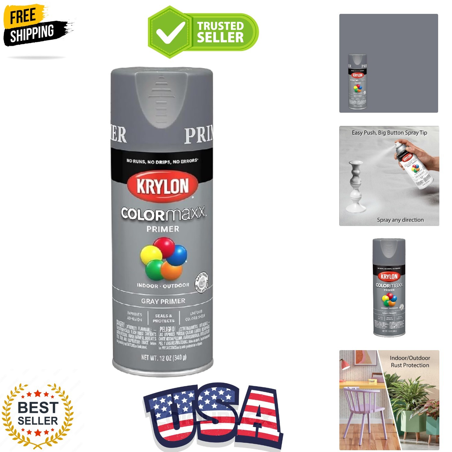 Krylon K05582007 COLORmaxx Primer Spray Paint for Indoor/Outdoor Use, Gray, 12 O