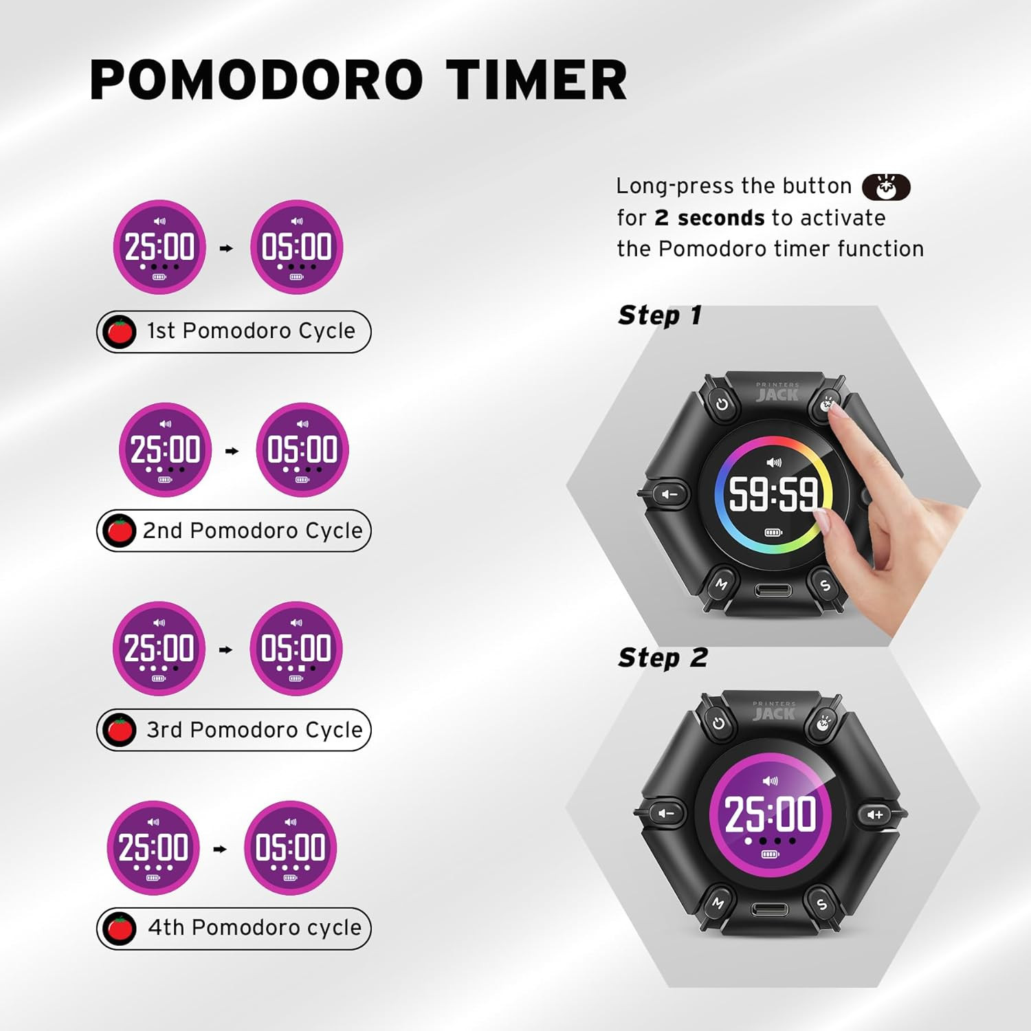 Jack Pomodoro Timer - Productivity Cube, Visual Focus Timer, Mute & Vibration &