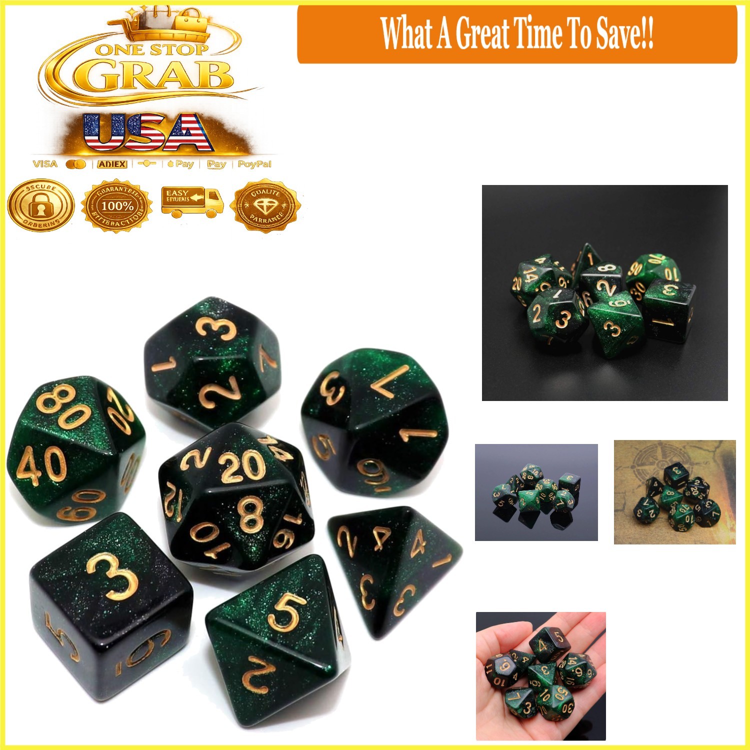 Polyhedral DND Dice Set 7 Pcs Glitter Dice for Dungeons & Dragons Green Black
