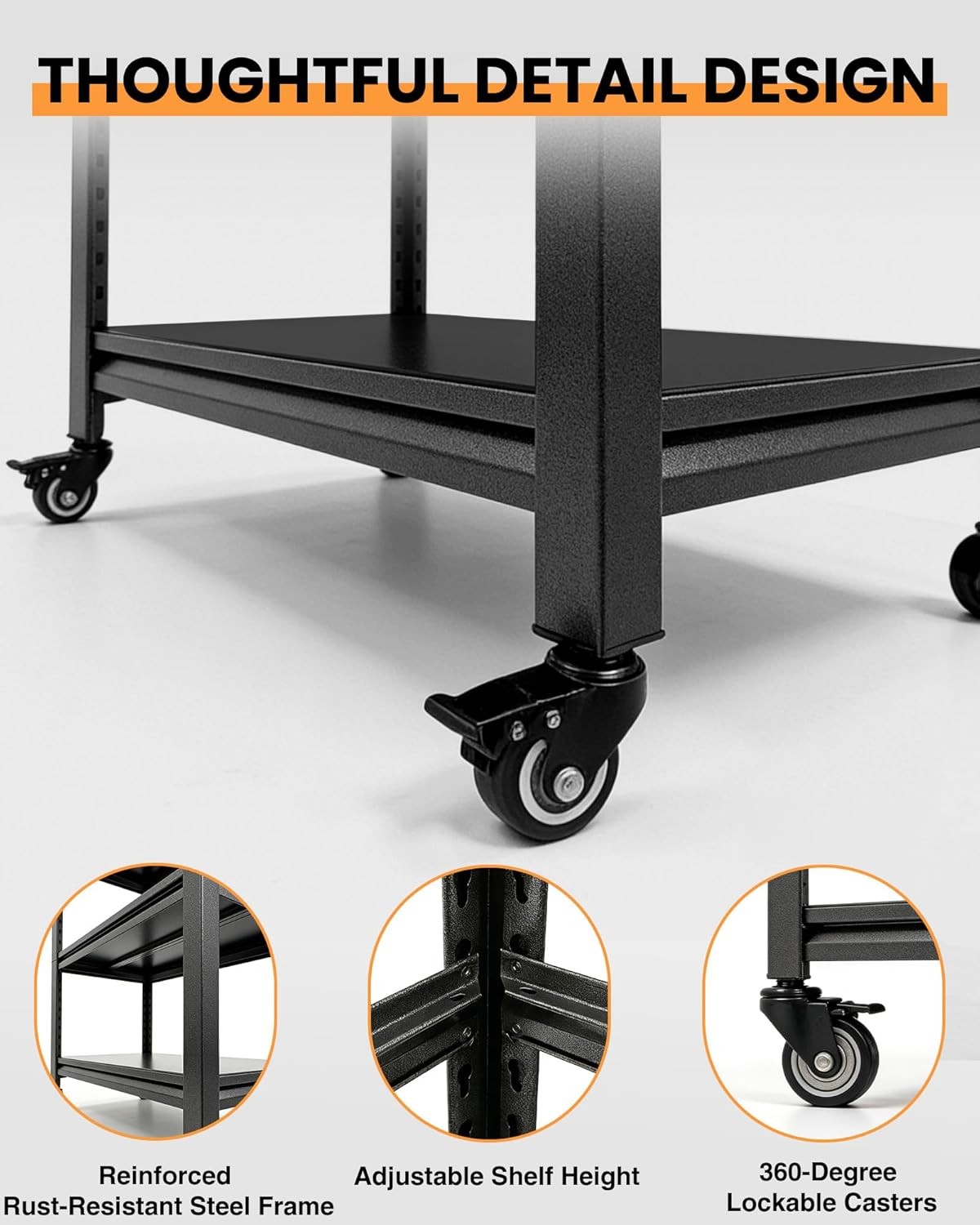 52" Rolling Work Table, Adjustable Height Workbench with Lockable Wheels, Pegboa