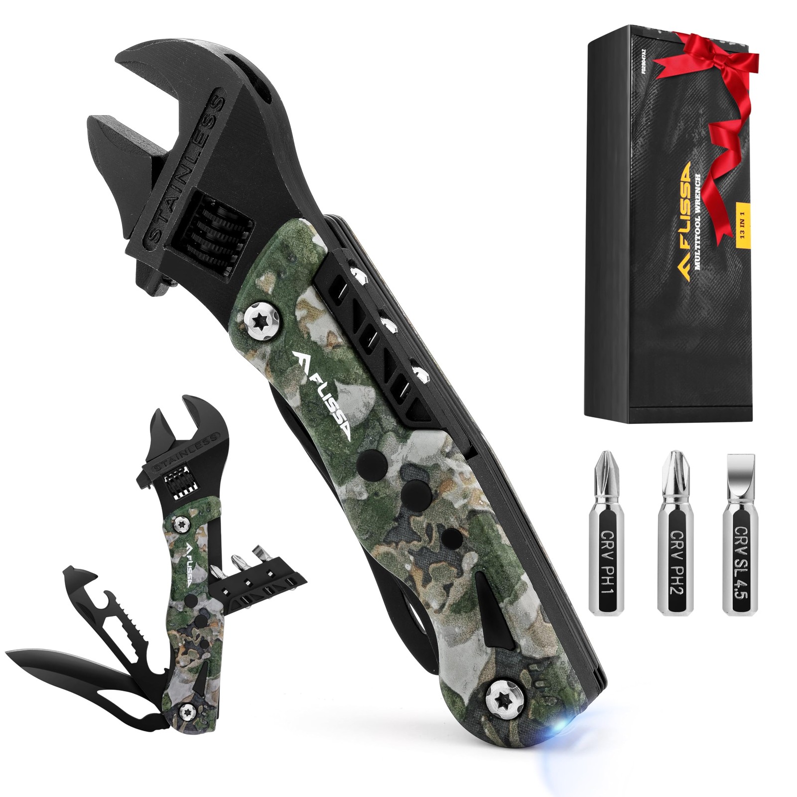 FLISSA 13-in-1 Multi Tool Wrench, Gift for Men Dad, Stainless Camouflage