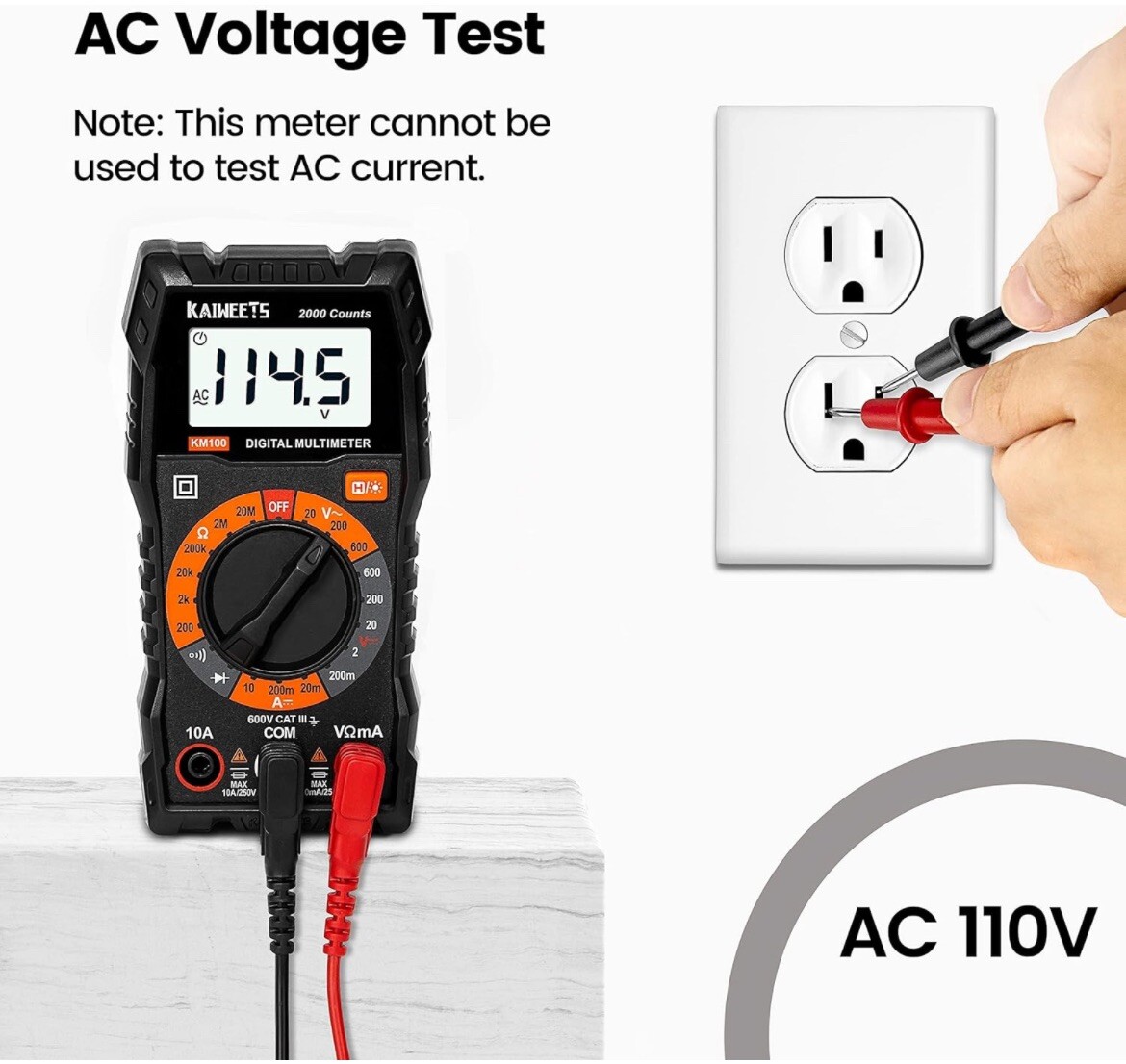 KAIWEETS KM100 Digital Multimeter TRMS 2000 Counts Ohmmeter DC Current Meter