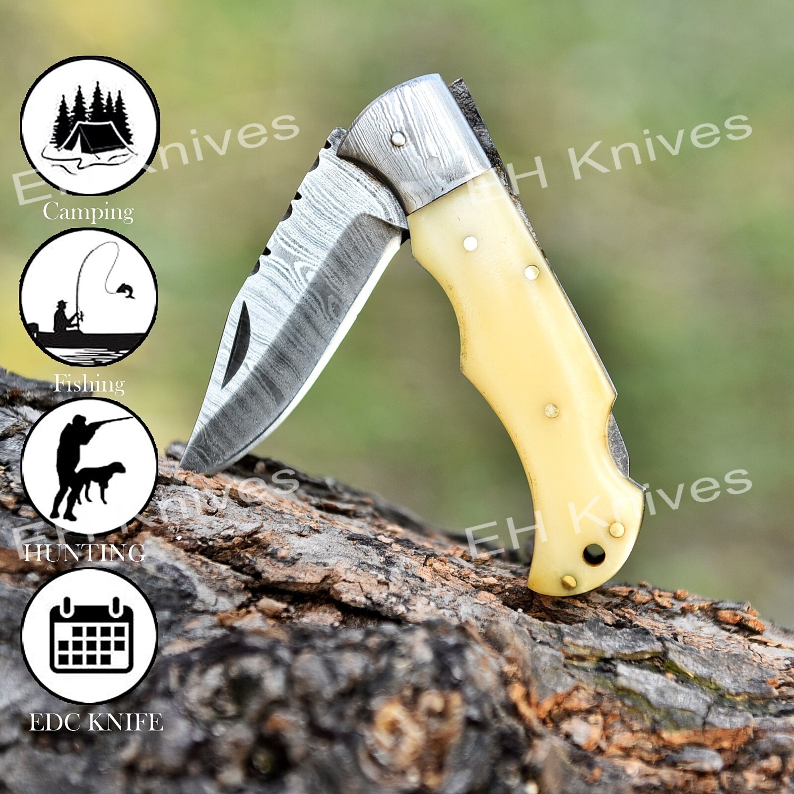 7'' Handmade Damascus Steel Camping EDC Modern Folding Knife with Sheath