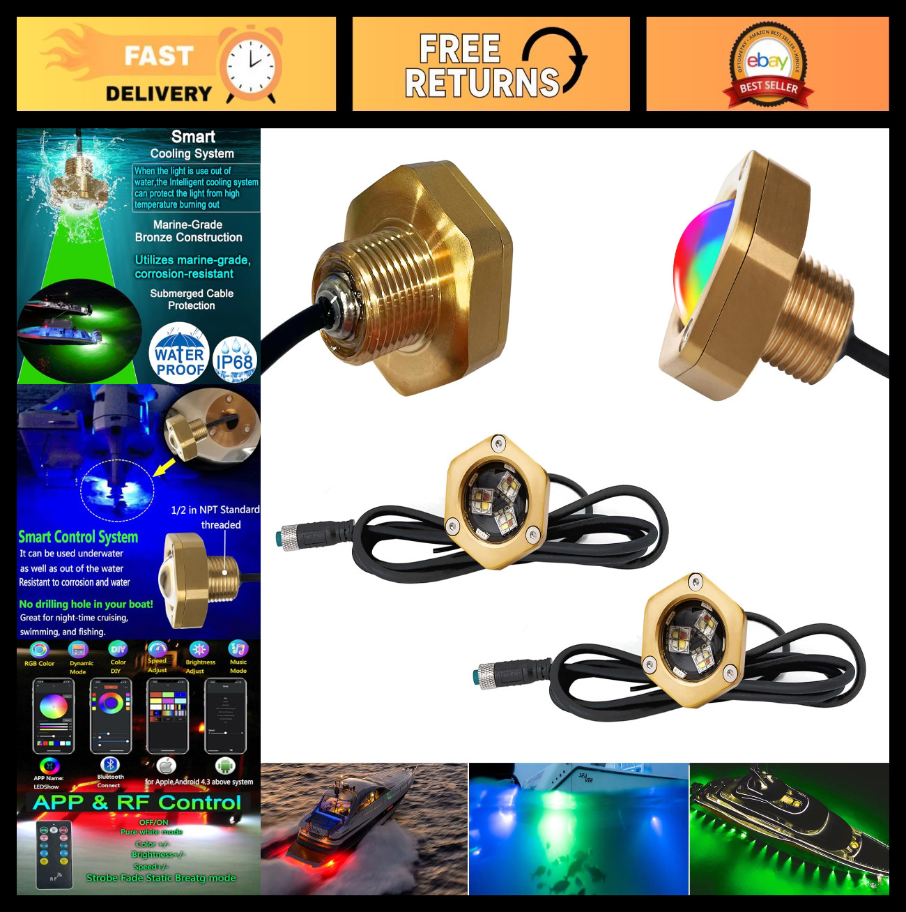 2 Pcs 1/2in NPT Boat Drain Plug Lights IP68 Waterproof RGB Remote Control 4100LM