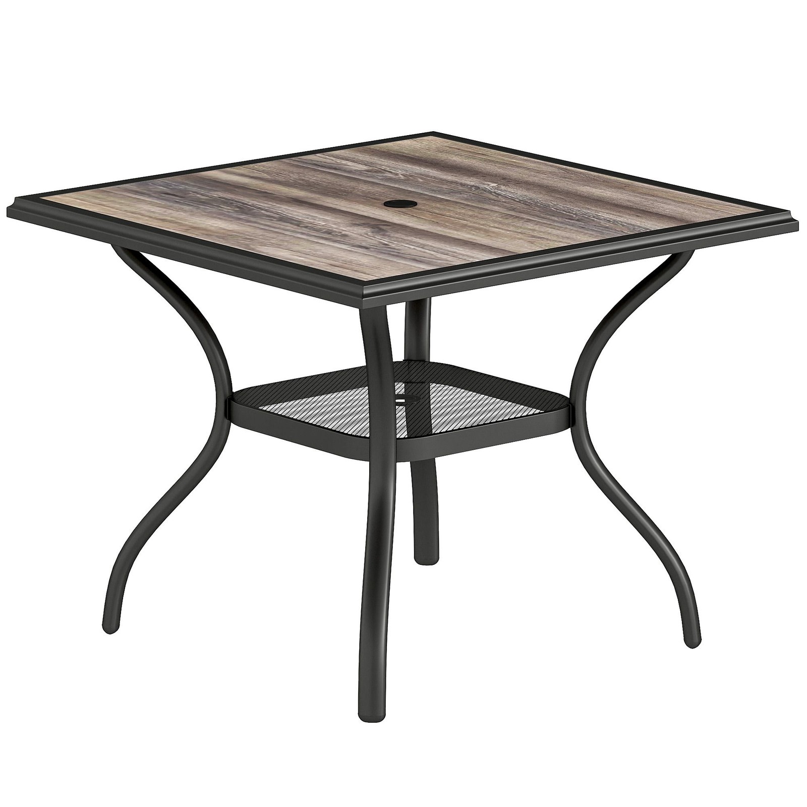 Outdoor Patio Table 37"x37", Umbrella Hole, Bottom Shelf, Gray/Black