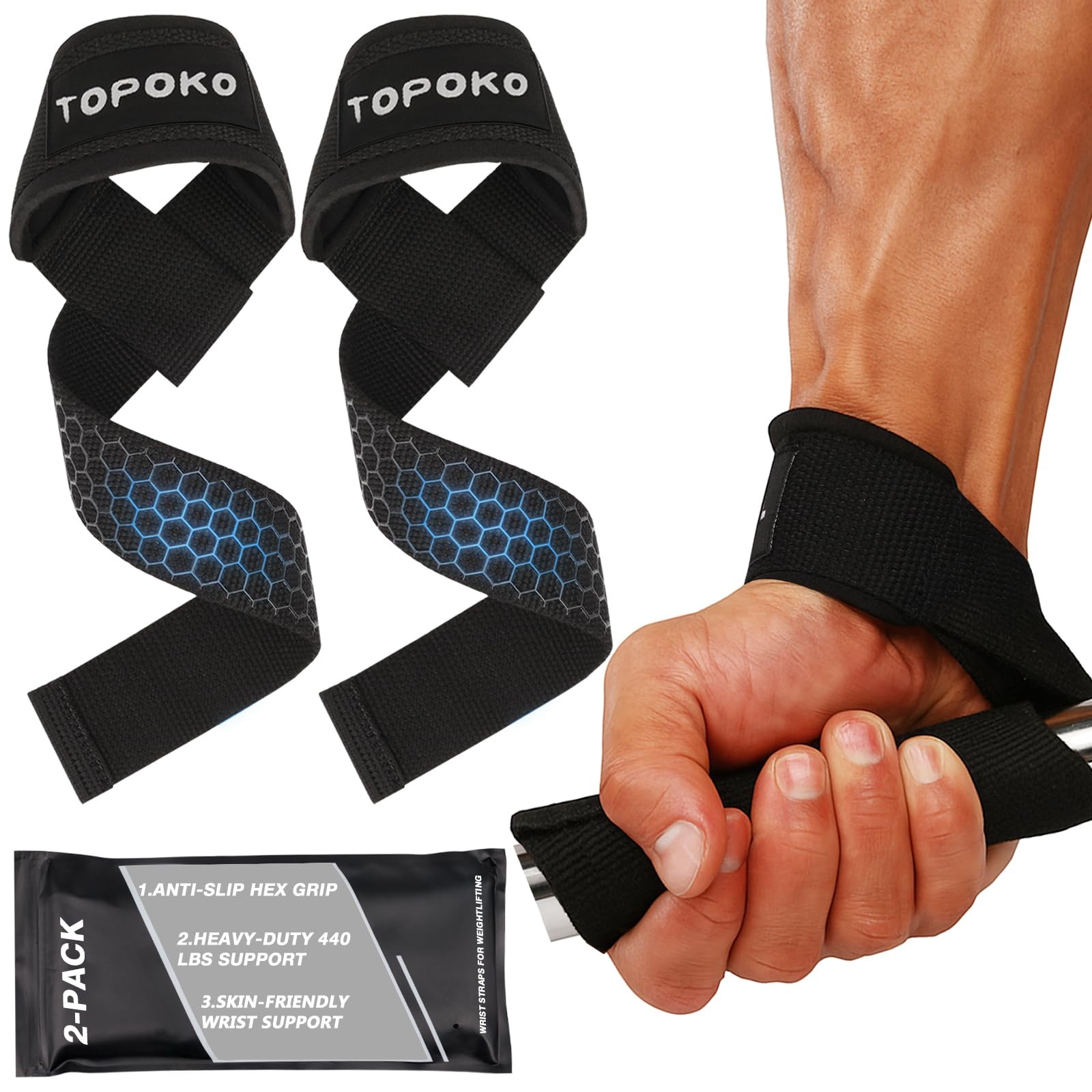 TOPOKO Lifting Wrist Straps for Weightlifting, Deadlifts, Powerlifting Black