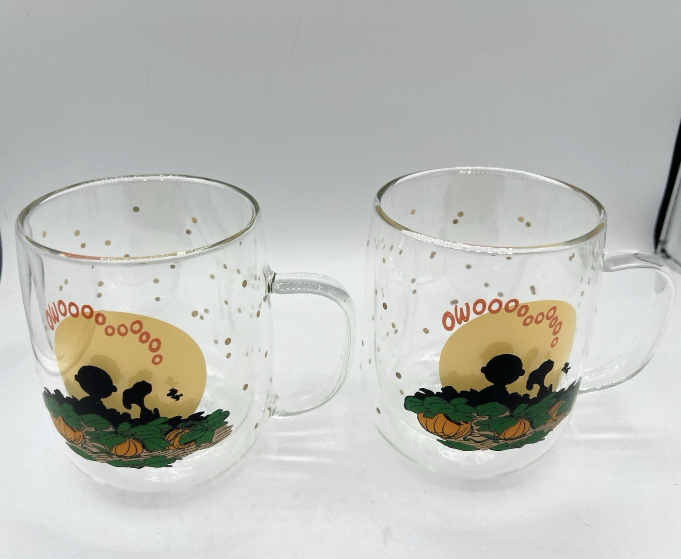 Williams Sonoma Peanuts Double Wall Glass Mug 16 oz Set of 2 The Great Pumpkin