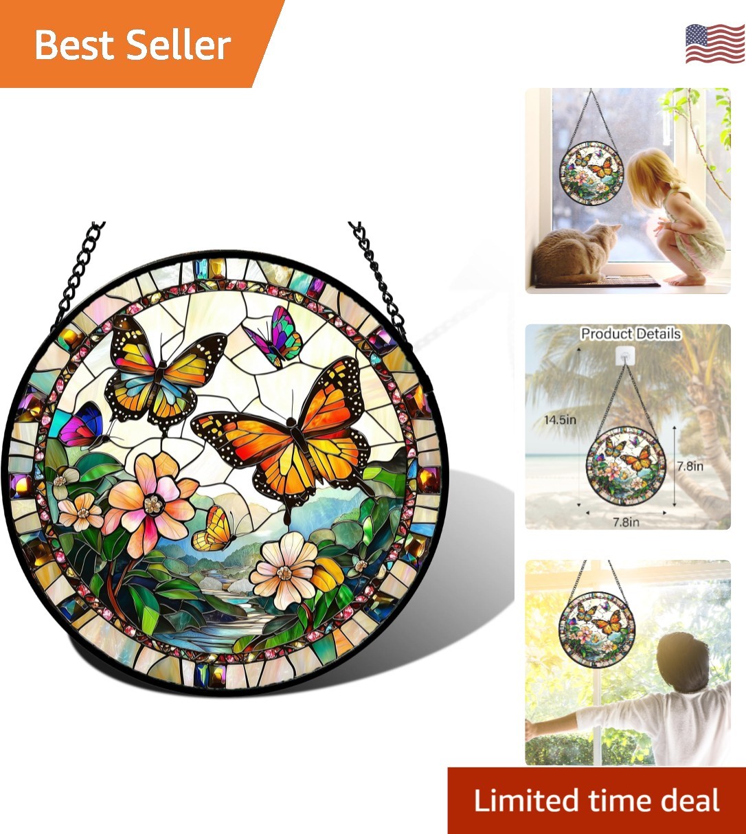 7.8 in Butterflies Flying Stained Glass Suncatcher - A Timeless Home Decor Gift