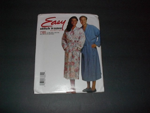 McCall's Pattern 7385 Misses'/Men/Teen Boys' Robe and Tie Belt  S, M  Uncut