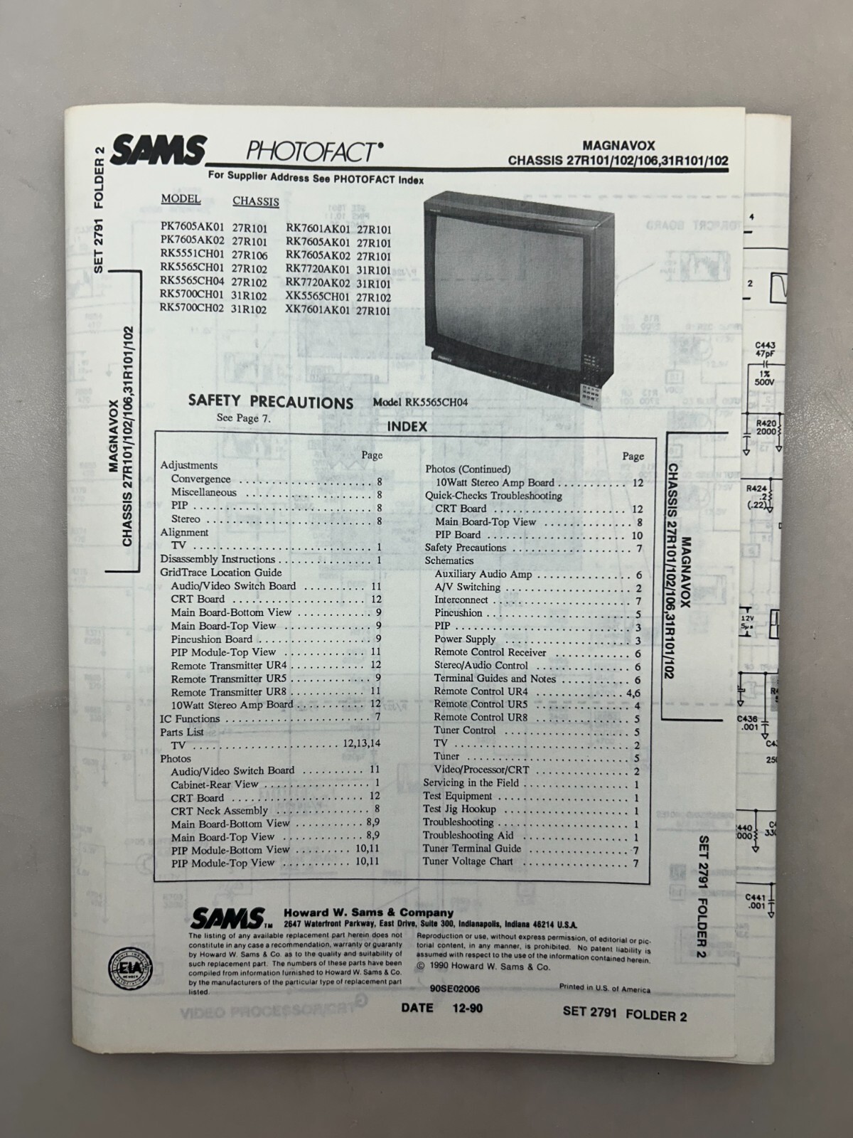 Magnavox 27R101 31R101 Service Manual Sams Photofact Free Shipping