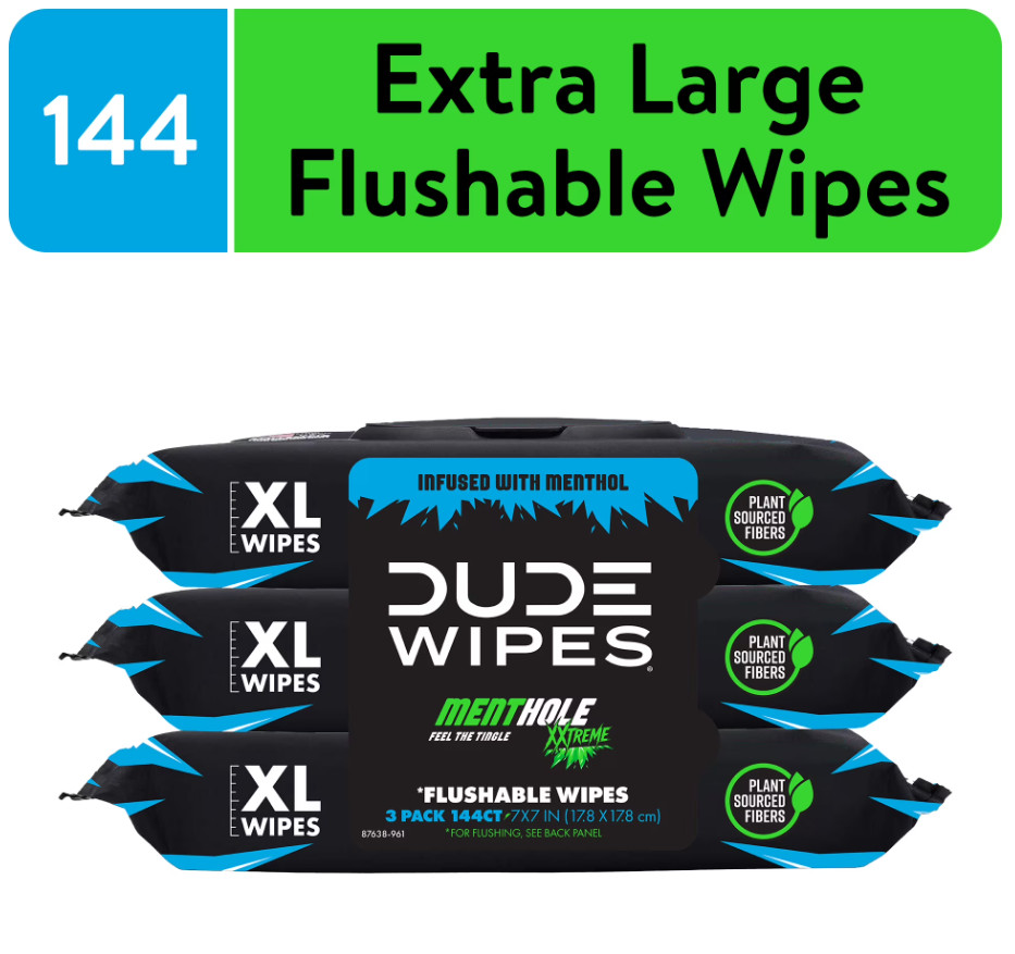 DUDE Wipes MentHOLE XXtreme, Extra Large Flushable Wipes, 48 Count, 3 Pack (144